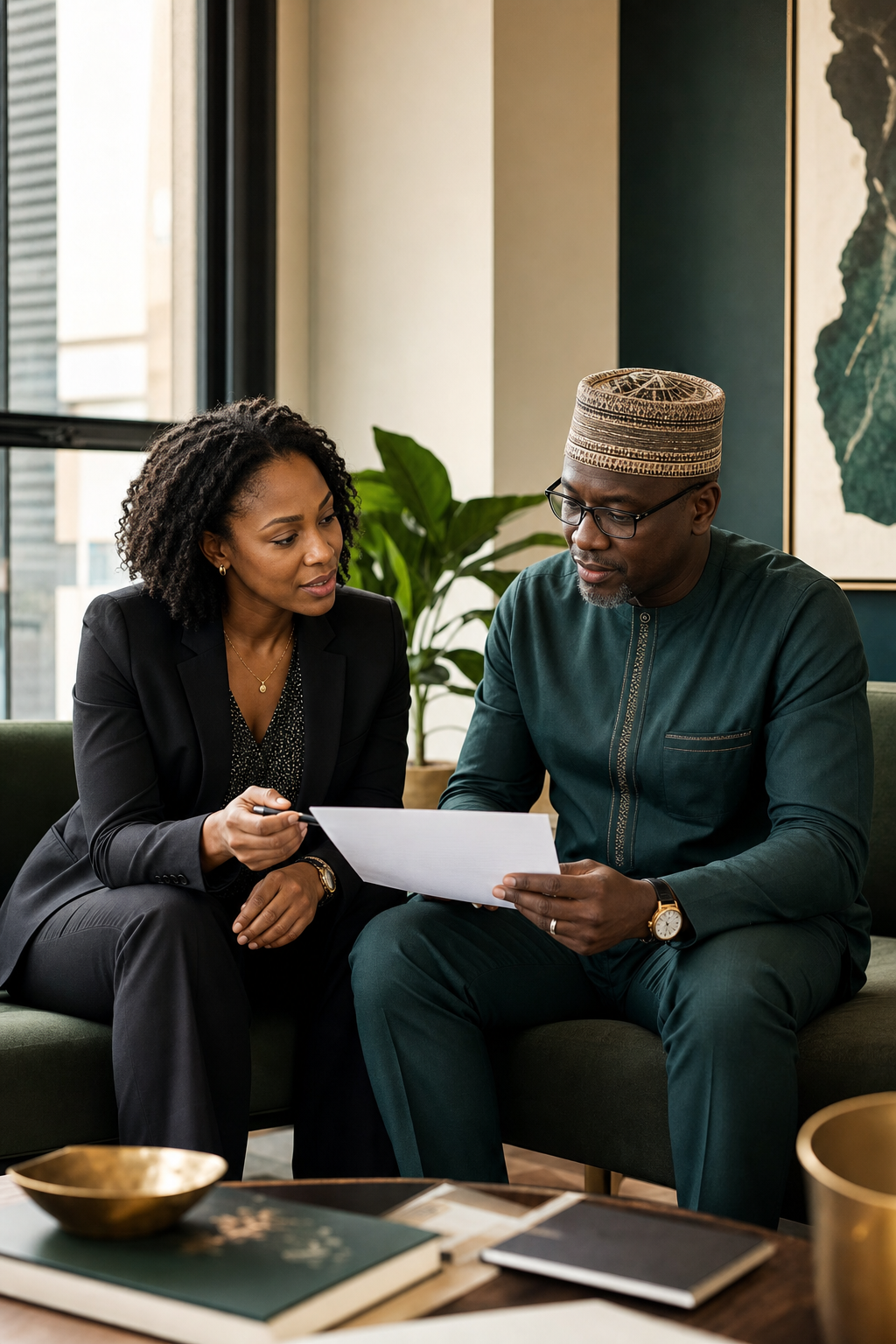 Black American and Senegalese advisors reviewing a strategy together
