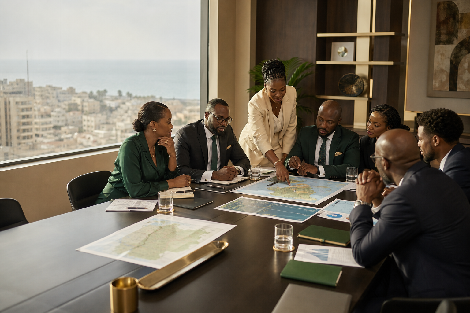 Advisors reviewing regional strategy together around a boardroom table